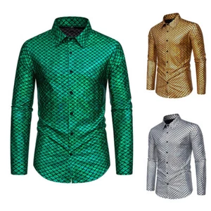 Men's fashion fish scale bronzing printing stage dress long-sleeved shirt - Picture 1 of 21