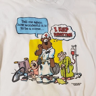 Suéter suéter vintage años 80 Crew dibujos animados enfermera divertido olvidadizo oso Hanes grande  Foto 1 de 4
