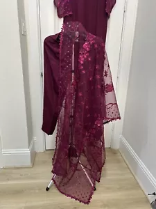 NWT Pakistani Three Piece Chiffon Wine Kurta, Pants And Dupatta BAROQUE - Picture 1 of 10