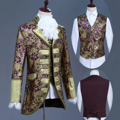 Men 3PCS Set Vintage Embroidery Jacket Vest Victorian Costume Trouser Pants Prom - Image 1 of 4