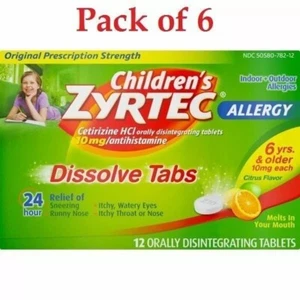 6 X Zyrtec Children's 24 Hour Allergy Relief Tabs Citrus Flavor 12 Ct EXP 10/25 - Picture 1 of 3