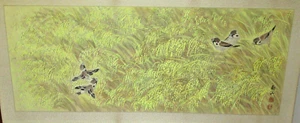 LARGE OLD CHINESE ORIGINAL WATERCOLOR BIRDS IN A WHEAT FIELD PAINTING SIGNED - Picture 1 of 12