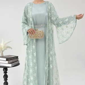 Muslim Women 2 Piece Set Lace Flower Open Kaftan Maxi Dress Abaya Dubai Kimono - Picture 1 of 10