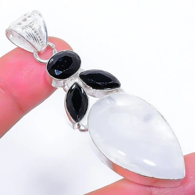 Luna Ágata, Onix Piedra Preciosa Hecho 925 Plata de Ley Joyería Colgante 6.3cm - Imagen 1 de 4