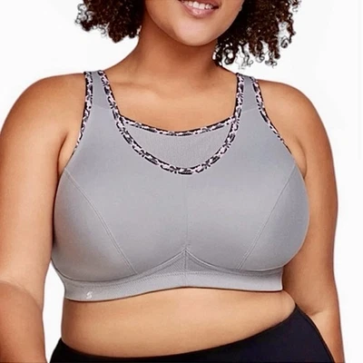 ¡Sujetador deportivo Glamorise 38G rosa camuflaje/gris sin rebote! ¡NUEVO! Foto 1 de 4