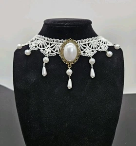 Women's Fashion Jewelry White Flower Simulated Pearl Pendant Lace Choker RAAC10 - Picture 1 of 13