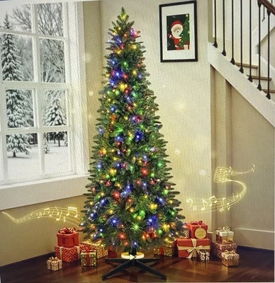 NEW 7.5FT Pre-Lit Pencil Christmas Tree w/  Rotating Musical Base 370 Lights - Image 1 of 4