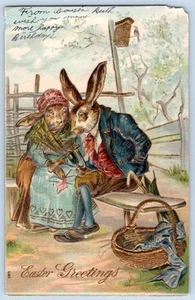 POSTAL MUY GRABADA PAREJA CONEJITOS ANTROPOMÓRFICOS PASCUA 1907-10 - Imagen 1 de 2