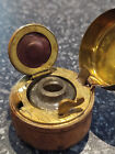 ANTIQUE BRASS LEATHER COVERED INK WELL with GLASS LINER