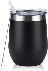 12Oz Stainless Steel Vacuum Insulated Wine Tumbler with Lid and Straw, Black - Picture 1 of 12