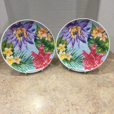 TOMMY BAHAMA MELAMINE 11" DINNER PLATES "PLUMERIA FLORAL ORCHARD" Lot of 2 - Image 1 of 4