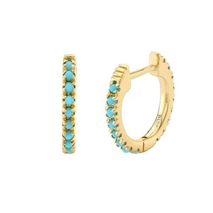 Natural Turquoise Huggies 14k Yellow Gold Small Hoop Earrings Minimalist Jewelry - Picture 1 of 7