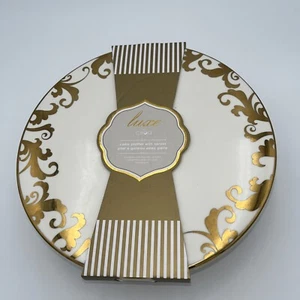 CIROA LUXE FIORI SCROLL 11” PEDESTAL CAKE PLATTER STAND NO SERVER GOLD/WHITE NEW - Picture 1 of 4