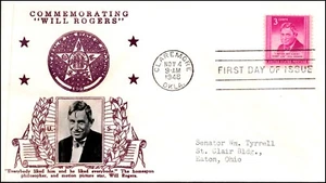 Scott 975 3 Cents Will Rogers Crosby FDC Typed Address Planty 975-42 - Picture 1 of 2