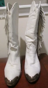Vintage Zodiac Womens White Leather Fringed Cowboy Boots Plated Heel & Tip- 8.5 - Picture 1 of 5