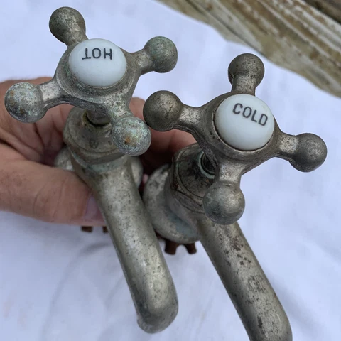 Vintage Brass PorcelainFaucet Handles and spouts HOT COLD Cover