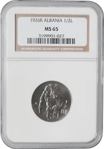 Albania 1/2 lek 1926 R, NGC MS65, "King Zog I (1928 - 1939)" - Picture 1 of 2