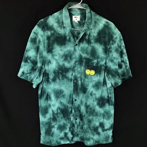Smiley X H&M Button Up Mens Shirt Size M Green Tie Dye Short Sleeve Terry Beach - Picture 1 of 5