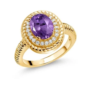 1.86 Ct Oval Purple Amethyst 18K Yellow Gold Plated Silver Halo Engagement Ring - Picture 1 of 3