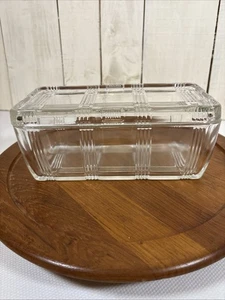 VTG Ribbed Federal Glass Refrigerator Dish w/ Lid Plaid Weave 8.5” x 4” MCM - Picture 1 of 12