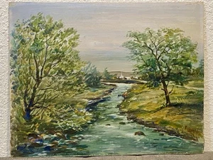 Original R WARNER Landscape Oil Painting on Board Multicolor River Chapel - Picture 1 of 16