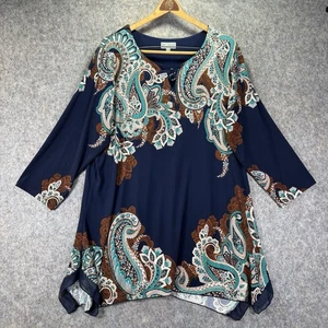JM Collection Womens Top Sz 2X Paisley Floral V-Neck Rhinestone Keyhole Stretch - Picture 1 of 16