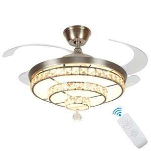 DLLT Crystal Ceiling Fan with Lights 36W Ceiling Fan Remote 3 Blades Retractable - Picture 1 of 12