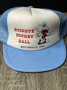 Cappello berretto camionista vintage Buckeye Donkey Ball Westerville Oh bianco blu OSFA RARO - Foto 1 di 3