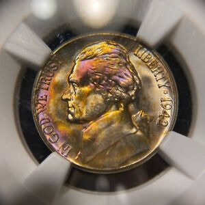 1942 S Jefferson Nickel US Mint NGC MS66 UNC ~ Rare Rainbow Toned Color