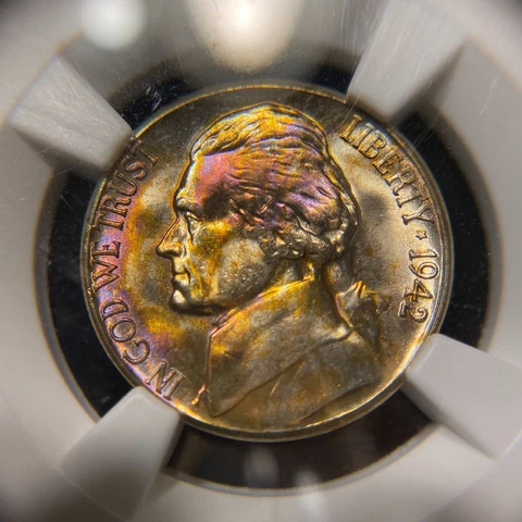 1942 S Jefferson Nickel US Mint NGC MS66 UNC ~ Rare Rainbow Toned Color Cover