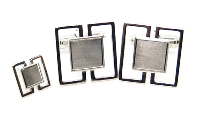 Anson 925 Sterling Silver Modern Deco Geometric Square Cufflinks & Tie Tack Set - Image 1 of 4