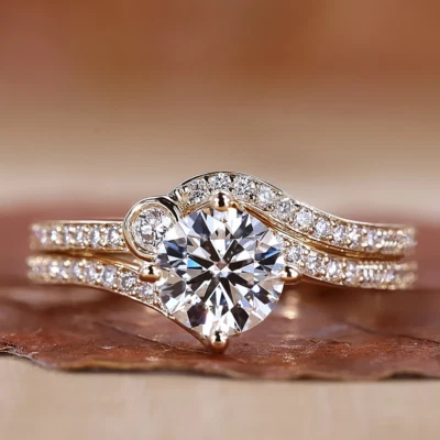 Bague en or jaune 14 carats sertie de diamants de 1,40 ct taille ronde créée ... - Photo 1/4