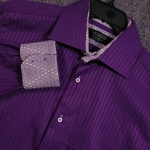 Coogi Classic Shirt Mens XL 17 34/35 Purple Flip Cuff Striped Cotton Blend - Picture 1 of 11