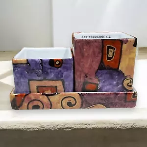 Art Trencadis S.L. Barcelona 90er Jahre handbemaltes Keramik Tablett mit zwei Behältern - Bild 1 von 9