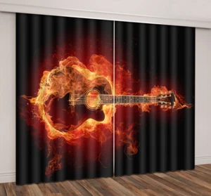 Black Background Flame Fire Guitar 3D Window Curtains Blockout Drapes Fabric Hot - Picture 1 of 11
