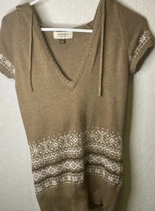 Sonoma Sweater Women's Small Brown White Cross Stitch LOOK Hoodie Short Sleeve - Picture 1 of 13