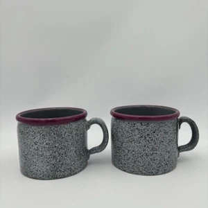 2 tazas de café de cerámica italiana Baldelli de colección 12 oz esmaltadas negras grises con borde púrpura - Imagen 1 de 8