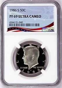1986-S Proof Kennedy 50c, Graded PF69UC by NGC ~ Patriotic OSR Label - Picture 1 of 4