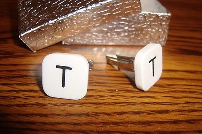 Gemelos iniciales letra monograma "T" 1 par (dos) * placa de plata blanca-negro  Foto 1 de 3