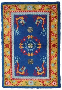 Tapis Savonnerie vintage 90x142cm laine 1960s France dragon fait main - Picture 1 of 12