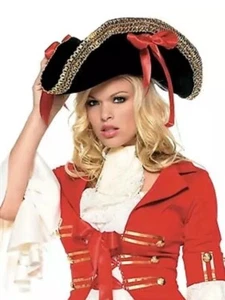 Pirate Hat Adult Woman Deluxe by Leg Avenue Black Velvet/ Gold Trim/ Red Ribbons - Picture 1 of 1