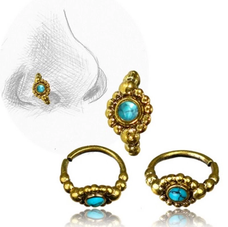 ANEL DE NARIZ DE LATÃO TRIBAL 20G 7MM ANEL NARIZ PINO HÉLICE 20G TURQUESA  - Imagem 1 de 1