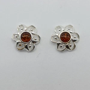 Original braune Cognac BALTIK BERNSTEIN Blumenpfosten Ohrringe 925 STERLINGSILBER #2959