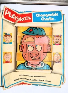 Vtg Changeable Charlie Wooden Blocks Faces Puzzle Kit PLAYSKOOL '79 Orig Box Toy - Picture 1 of 17