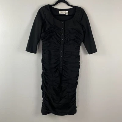 Byron Lars Beauty Mark Ruched Black Button Front Bodycon Stretch Dress Size 8 - Image 1 of 4