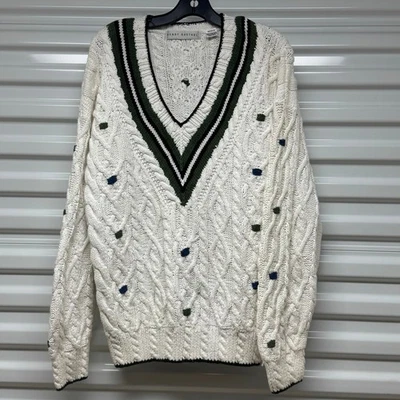 Henry Grethel Cable Knit Cricket Sweater V-Neck White w/ Green & Navy Trim Men M - Image 1 of 4