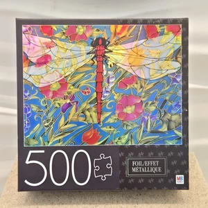 Puzzle 500 Pieces Red Dragonfly Foil Effect MB 6044646 Cardinal Gift New Sealed - Picture 1 of 9
