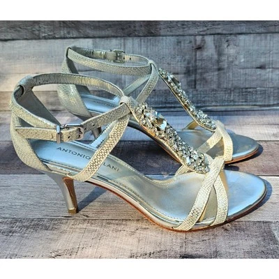 Sandalias de tacón ANTONIO MELANI plateadas cristal estrás correa en T zapatos para mujer 8M Foto 1 de 4