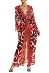 Shahida Parides Long Embellished Wrap Silk Dress RED/white/black sz S-M new - Picture 1 of 11
