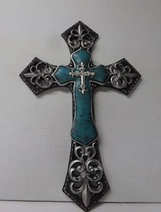 Vintage Larage Christian Cross with Faux Turquoise inlay - Foto 1 di 4